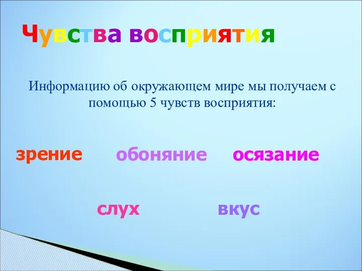 Чувства восприятия Информацию об окружающем мире мы получаем с помощью 5