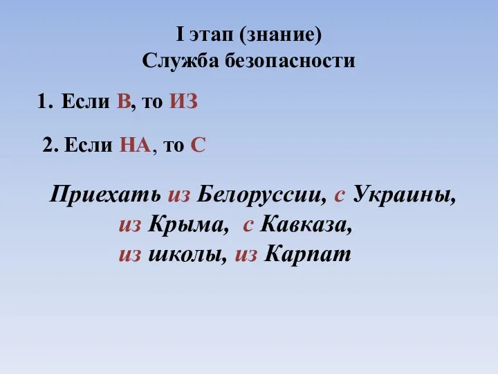 I этап (знание) Служба безопасности Если В, то ИЗ 2. Если