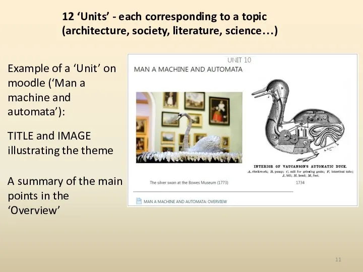 12 ‘Units’ - each corresponding to a topic (architecture, society, literature,