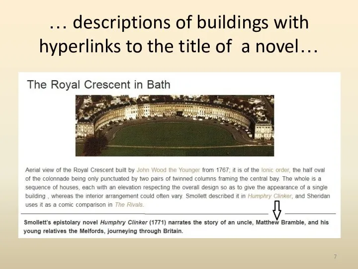 … descriptions of buildings with hyperlinks to the title of a novel…
