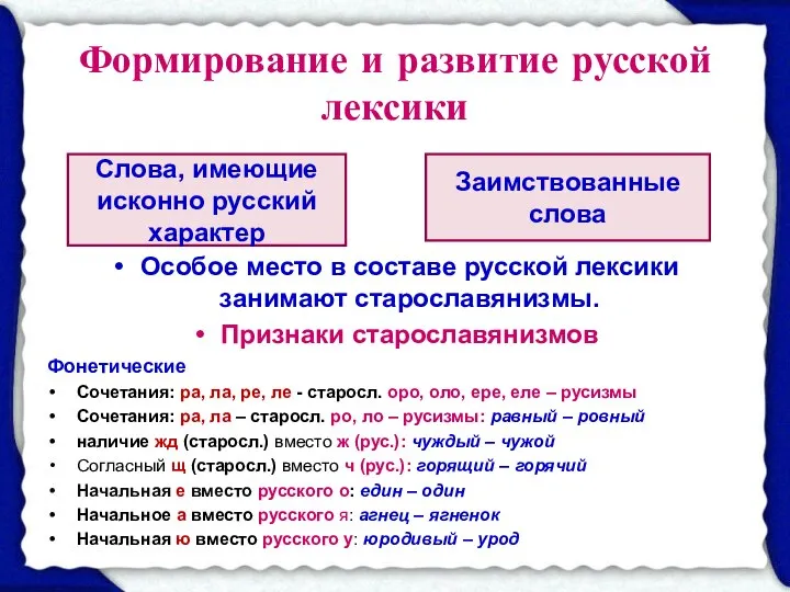 Формирование и развитие русской лексики Особое место в составе русской лексики