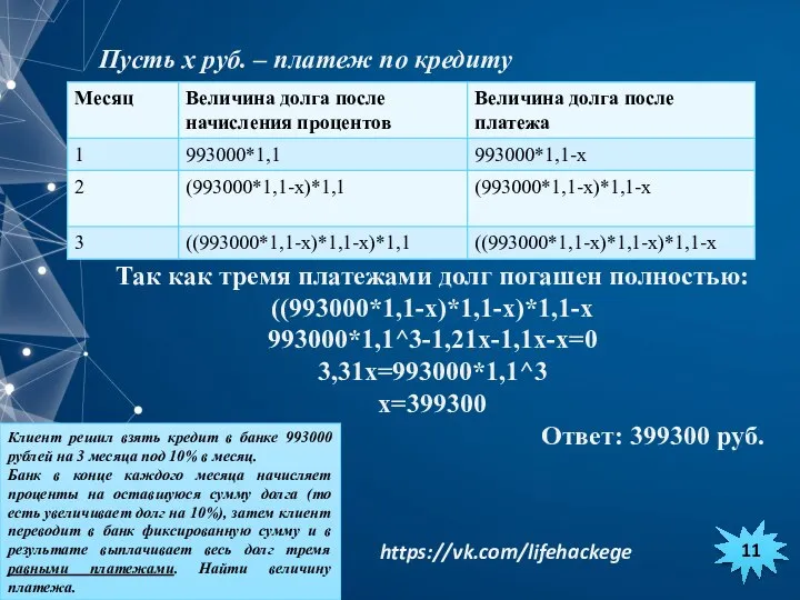 11 Клиент решил взять кредит в банке 993000 рублей на 3