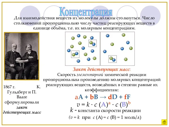 Концентрация Для взаимодействия веществ их молекулы должны столкнуться. Число столкновений пропорционально