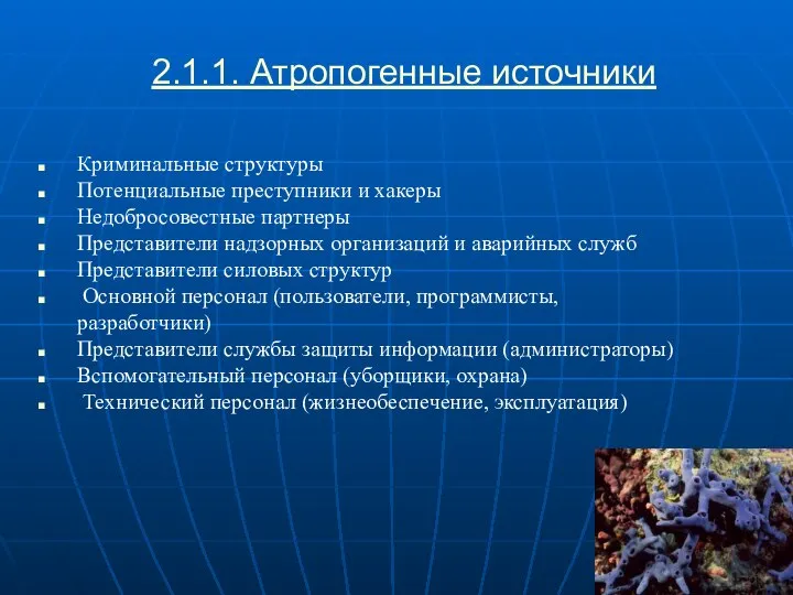 2.1.1. Атропогенные источники Криминальные структуры Потенциальные преступники и хакеры Недобросовестные партнеры