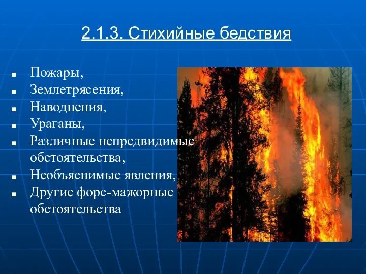 2.1.3. Стихийные бедствия Пожары, Землетрясения, Наводнения, Ураганы, Различные непредвидимые обстоятельства, Необъяснимые явления, Другие форс-мажорные обстоятельства