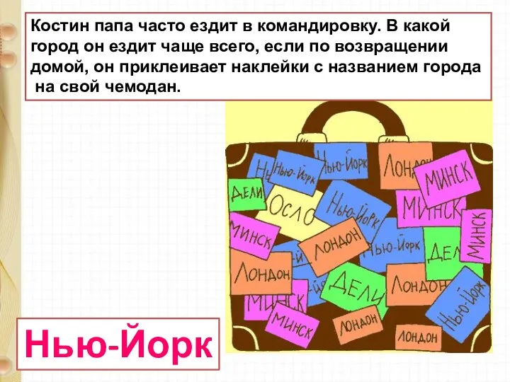 Нью-Йорк Костин папа часто ездит в командировку. В какой город он