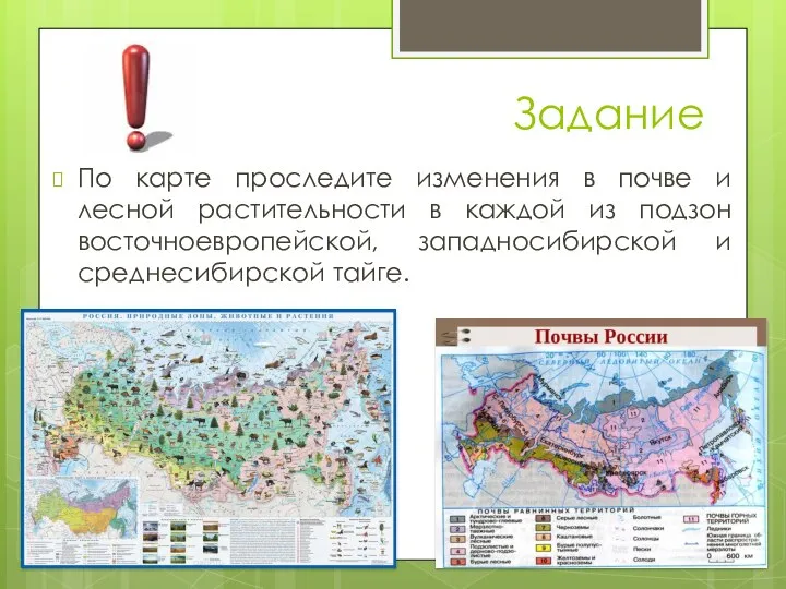 Задание По карте проследите изменения в почве и лесной растительности в