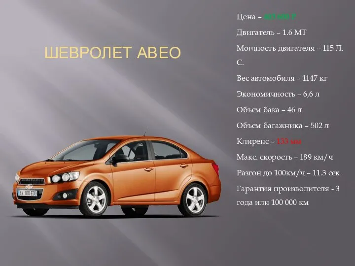 ШЕВРОЛЕТ АВЕО Цена – 403 600 P Двигатель – 1.6 MT
