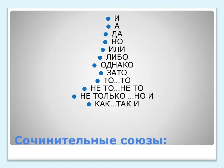 Сочинительные союзы: И А ДА НО ИЛИ ЛИБО ОДНАКО ЗАТО ТО…ТО