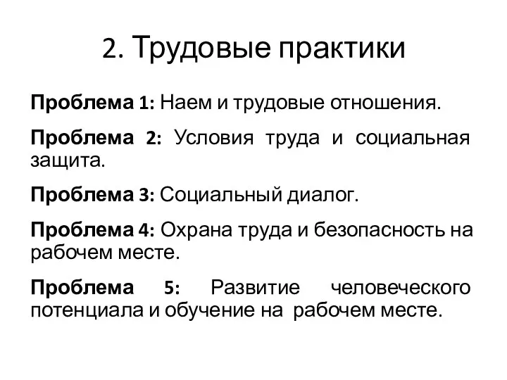 2. Трудовые практики Проблема 1: Наем и трудовые отношения. Проблема 2: