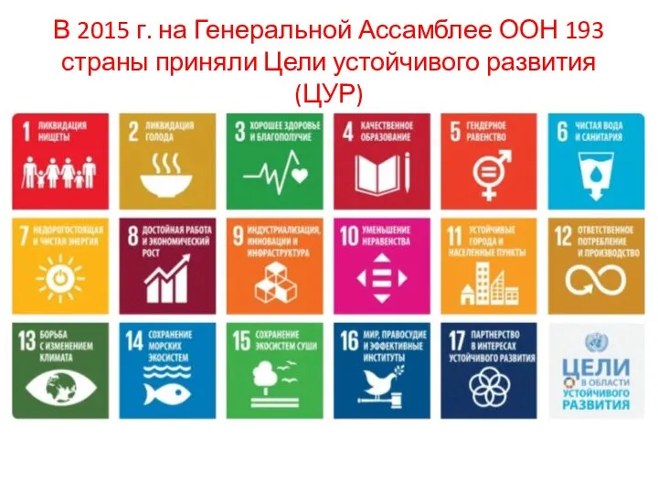 В 2015 г. на Генеральной Ассамблее ООН 193 страны приняли Цели устойчивого развития (ЦУР)