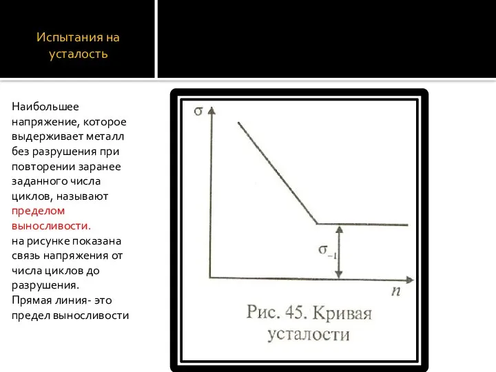 Испытания на усталость Наибольшее напряжение, которое выдерживает металл без разрушения при