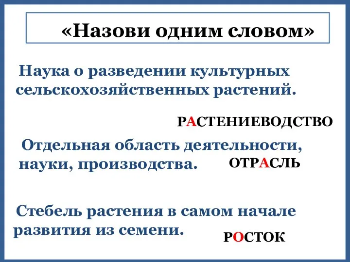 «Назови одним словом» Наука о разведении культурных сельскохозяйственных растений. РАСТЕНИЕВОДСТВО Отдельная