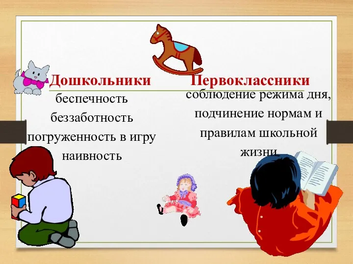 Дошкольники Первоклассники беспечность беззаботность погруженность в игру наивность соблюдение режима дня,