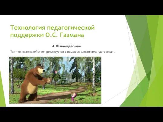 Технология педагогической поддержки О.С. Газмана 4. Взаимодействие Тактика взаимодействия реализуется с помощью механизма «договора».