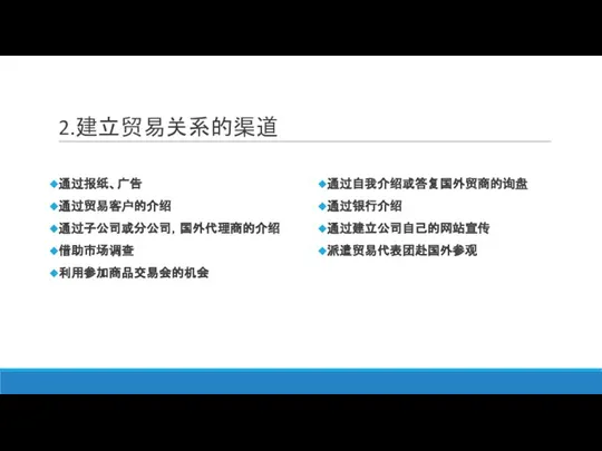 2.建立贸易关系的渠道 通过报纸、广告 通过贸易客户的介绍 通过子公司或分公司，国外代理商的介绍 借助市场调查 利用参加商品交易会的机会 通过自我介绍或答复国外贸商的询盘 通过银行介绍 通过建立公司自己的网站宣传 派遣贸易代表团赴国外参观