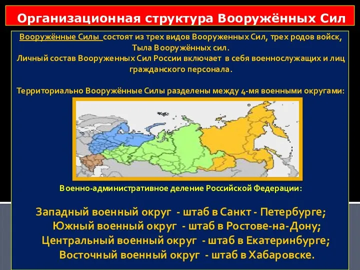 Вооружённые Силы состоят из трех видов Вооруженных Сил, трех родов войск,