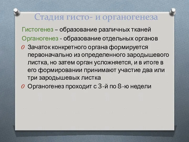 Стадия гисто- и органогенеза Гистогенез – образование различных тканей Органогенез -