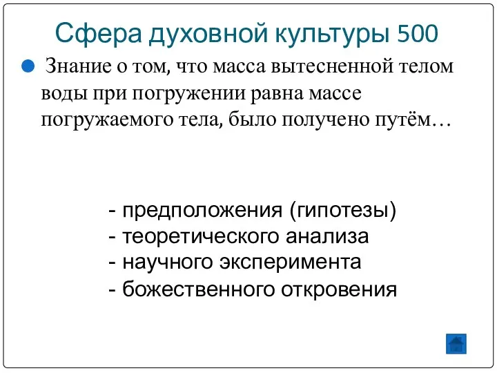 Сфера духовной культуры 500 Знание о том, что масса вытесненной телом