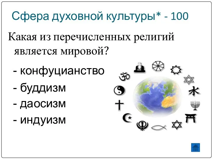 Сфера духовной культуры* - 100 Какая из перечисленных религий является мировой?