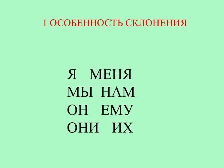 Я МЕНЯ МЫ НАМ ОН ЕМУ ОНИ ИХ 1 ОСОБЕННОСТЬ СКЛОНЕНИЯ