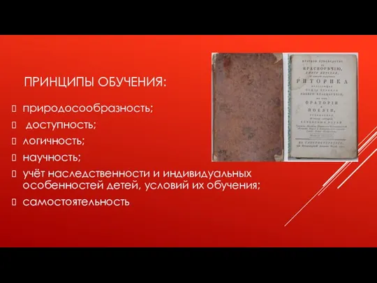 ПРИНЦИПЫ ОБУЧЕНИЯ: природосообразность; доступность; логичность; научность; учёт наследственности и индивидуальных особенностей детей, условий их обучения; самостоятельность