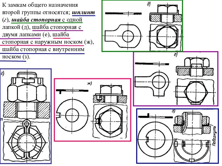 К замкам общего назначения второй группы относятся; шплинт (г), шайба стопорная