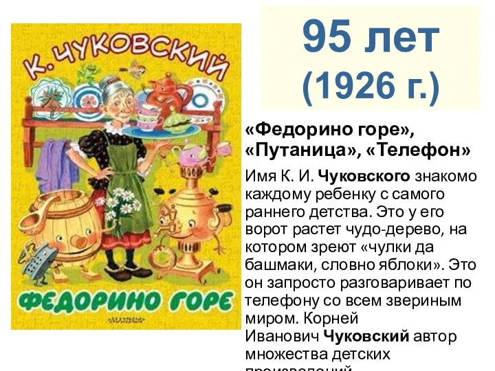 «Федорино горе», «Путаница», «Телефон» Имя К. И. Чуковского знакомо каждому ребенку