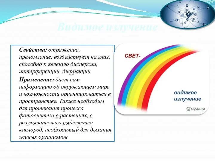 Видимое излучение Свойства: отражение, преломление, воздействует на глаз, способно к явлению