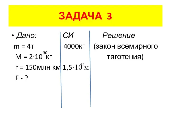 ЗАДАЧА 3 Дано: СИ Решение m = 4т 4000кг (закон всемирного