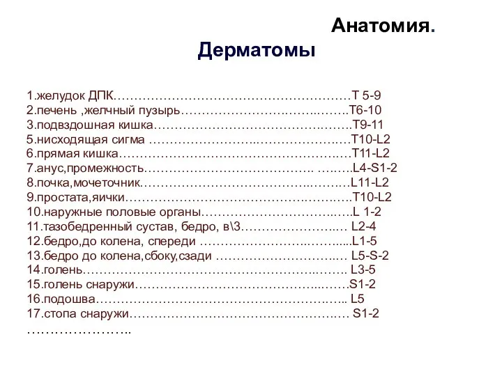 Анатомия.Дерматомы 1.желудок ДПК…………………………………………………Т 5-9 2.печень ,желчный пузырь…………………….……..……..Т6-10 3.подвздошная кишка………………………………….……..Т9-11 5.нисходящая сигма