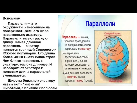 Вспомним: Параллели — это окружности, нанесённые на поверхность земного шара параллельно