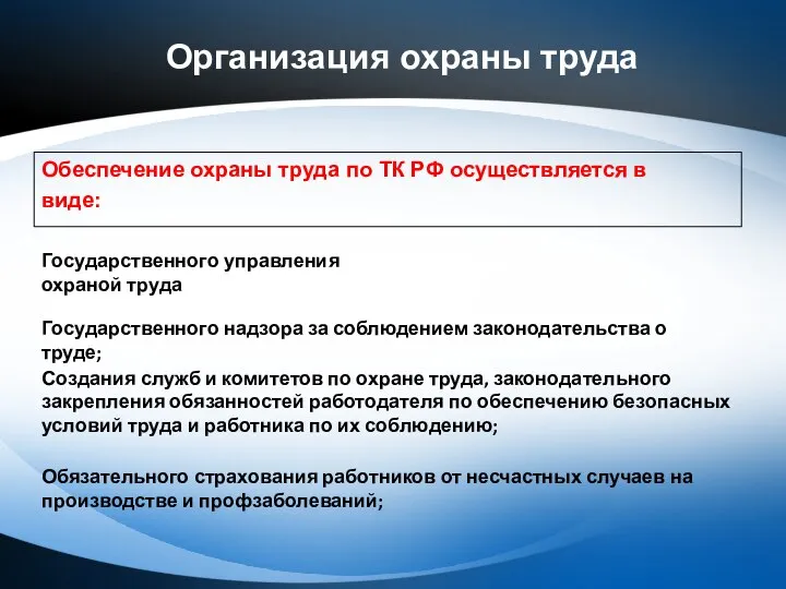 Организация охраны труда Обеспечение охраны труда по ТК РФ осуществляется в