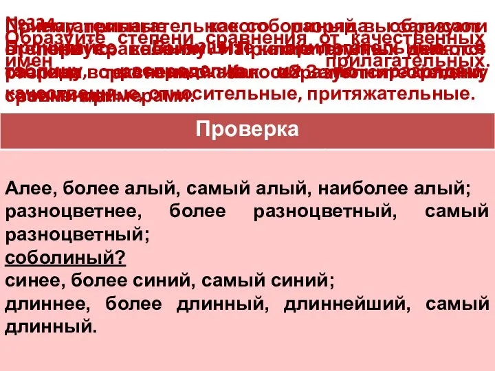 №324 Прочитайте. Выпишите прилагательные в таблицу, распределив их по разрядам: качественные,