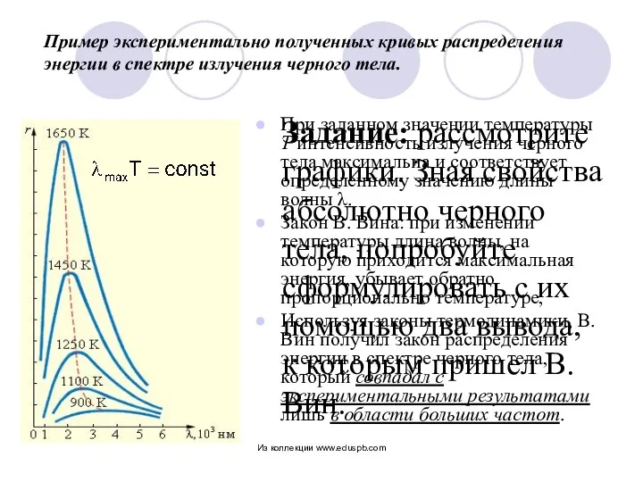 Пример экспериментально полученных кривых распределения энергии в спектре излучения черного тела.