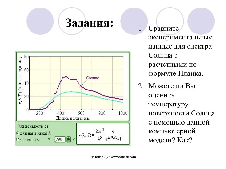 Задания: Сравните экспериментальные данные для спектра Солнца с расчетными по формуле