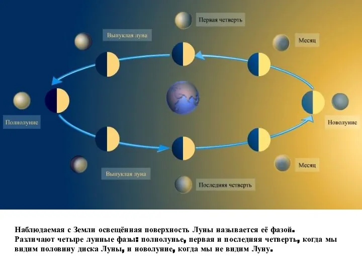 Наблюдаемая с Земли освещённая поверхность Луны называется её фазой. Различают четыре