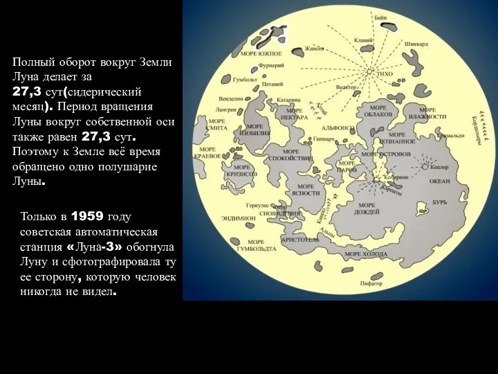 Полный оборот вокруг Земли Луна делает за 27,3 сут(сидерический месяц). Период