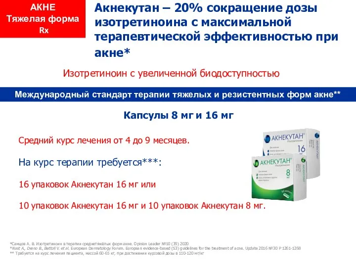 Акнекутан – 20% сокращение дозы изотретиноина с максимальной терапевтической эффективностью при