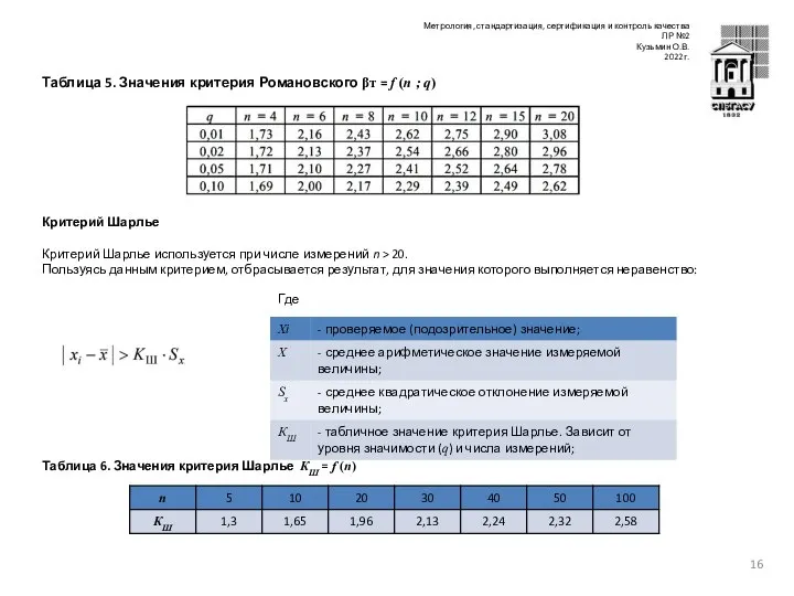 Таблица 5. Значения критерия Романовского βт = f (n ; q)