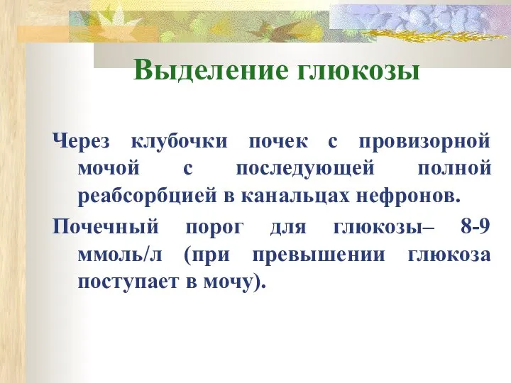 Выделение глюкозы Через клубочки почек с провизорной мочой с последующей полной