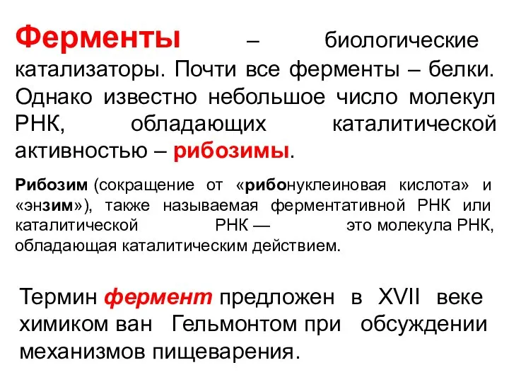 Ферменты – биологические катализаторы. Почти все ферменты – белки. Однако известно