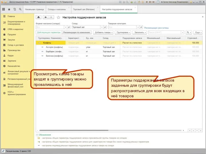 Параметры поддержания запасов заданные для группировки будут распространяться для всех входящих