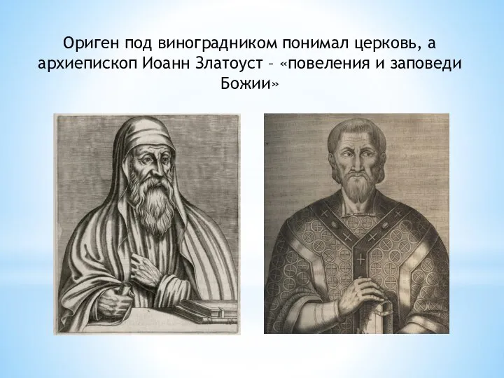 Ориген под виноградником понимал церковь, а архиепископ Иоанн Златоуст – «повеления и заповеди Божии»