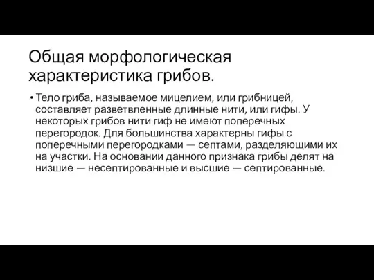 Общая морфологическая характеристика грибов. Тело гриба, называемое мицелием, или грибницей, составляет