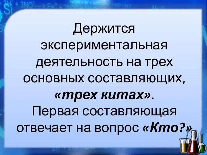 Держится экспериментальная деятельность на трех основных составляющих, «трех китах». Первая составляющая отвечает на вопрос «Кто?»