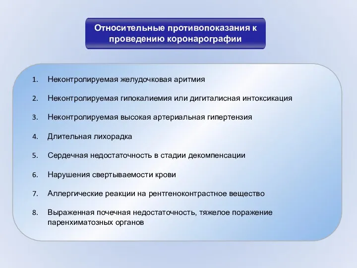 Относительные противопоказания к проведению коронарографии Неконтролируемая желудочковая аритмия Неконтролируемая гипокалиемия или