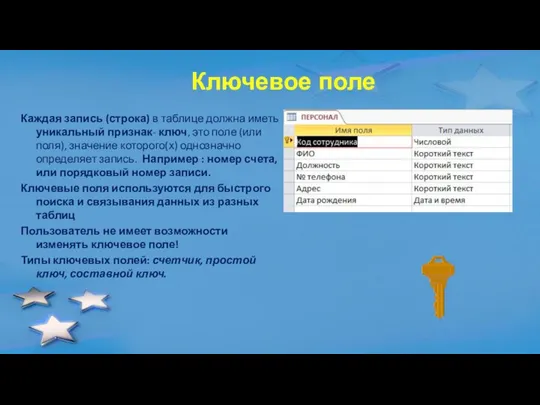 Ключевое поле Каждая запись (строка) в таблице должна иметь уникальный признак-