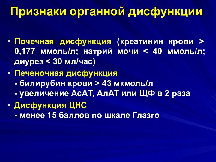 Признаки органной дисфункции Почечная дисфункция (креатинин крови > 0,177 ммоль/л; натрий