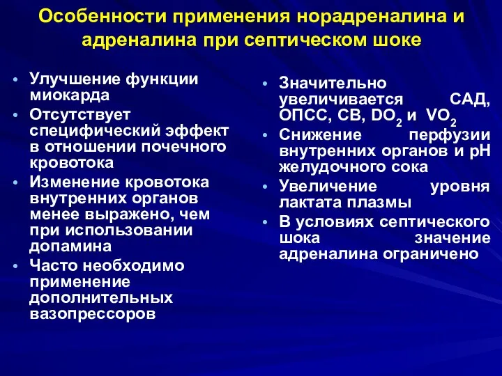 Особенности применения норадреналина и адреналина при септическом шоке Улучшение функции миокарда